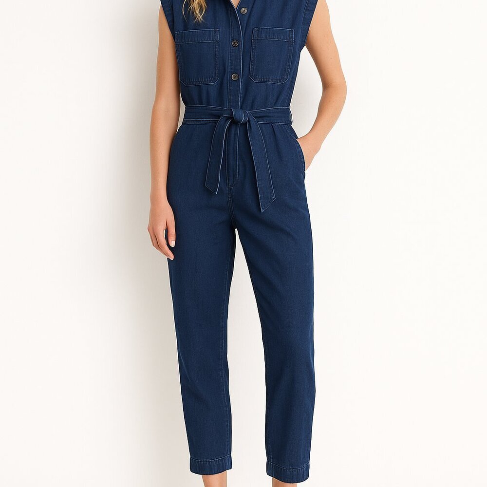 Banana Republic Linen Blend Jumpsuit Size L Indigo Utility One Piece Safari $220